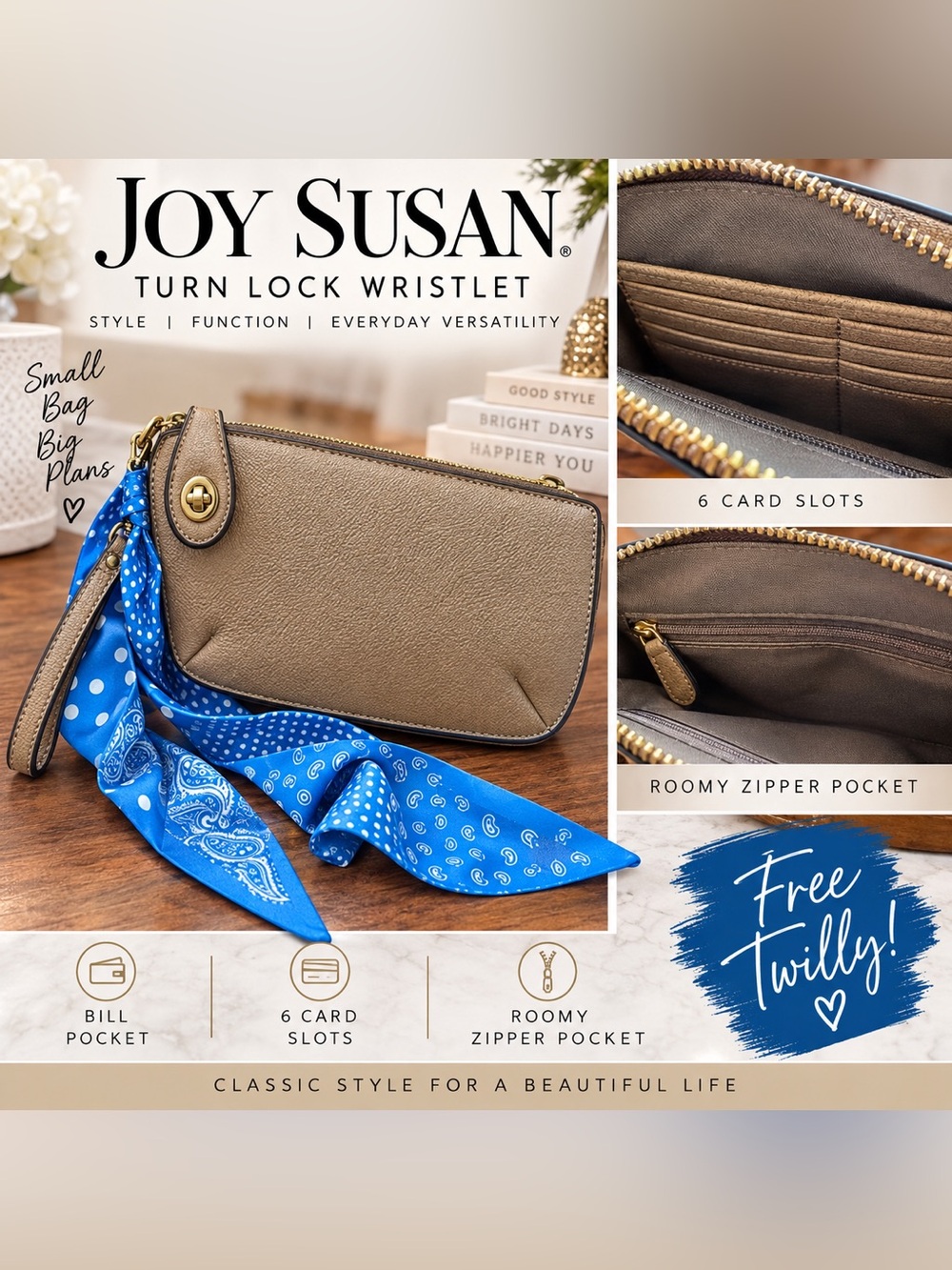 Joy Susan Turn Lock Wristlet Wallet Taupe Gold + FREE Blue Twilly